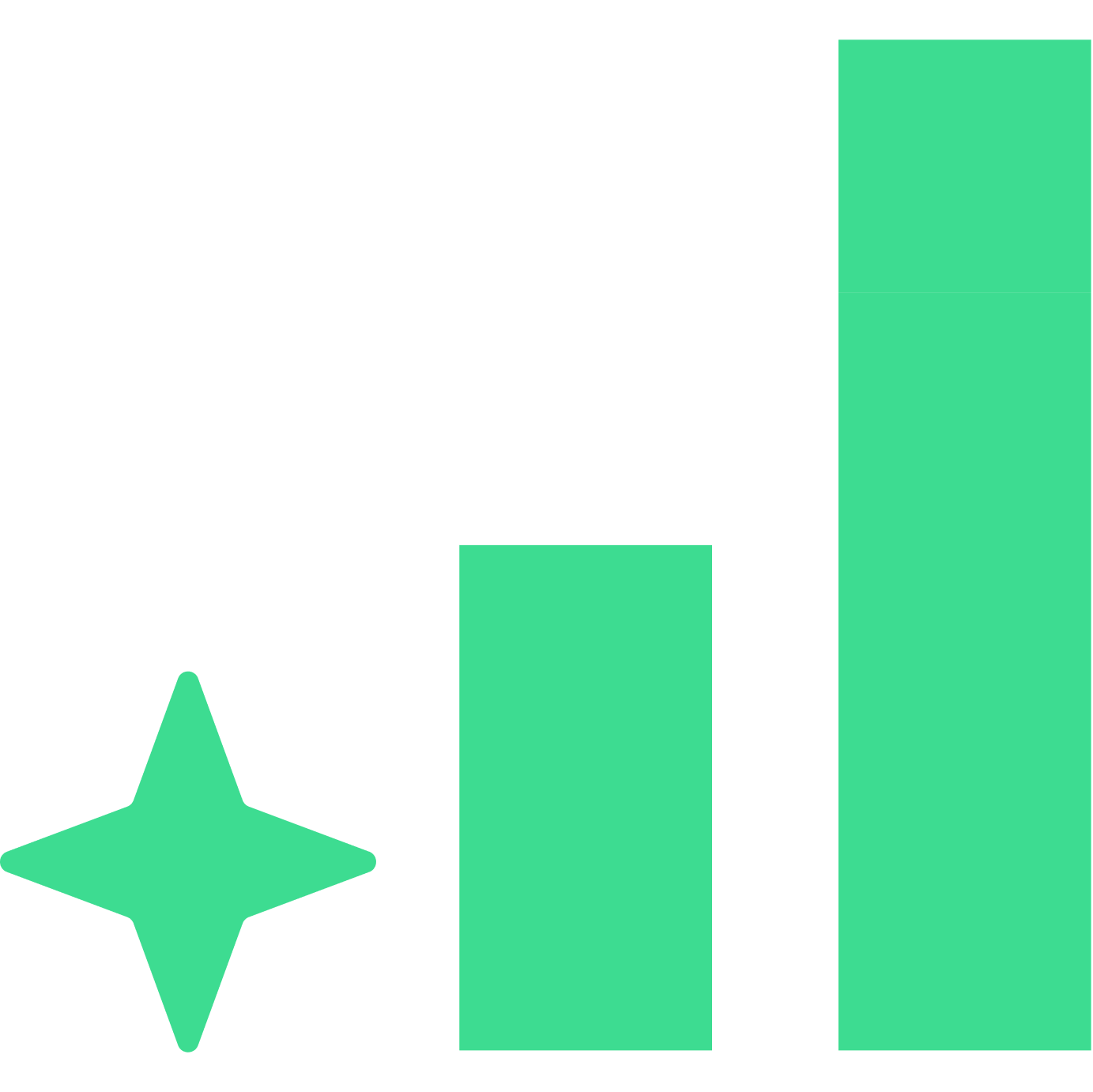 Three bright green shapes: a four-pointed star on the left and two rectangular columns of increasing height to the right.