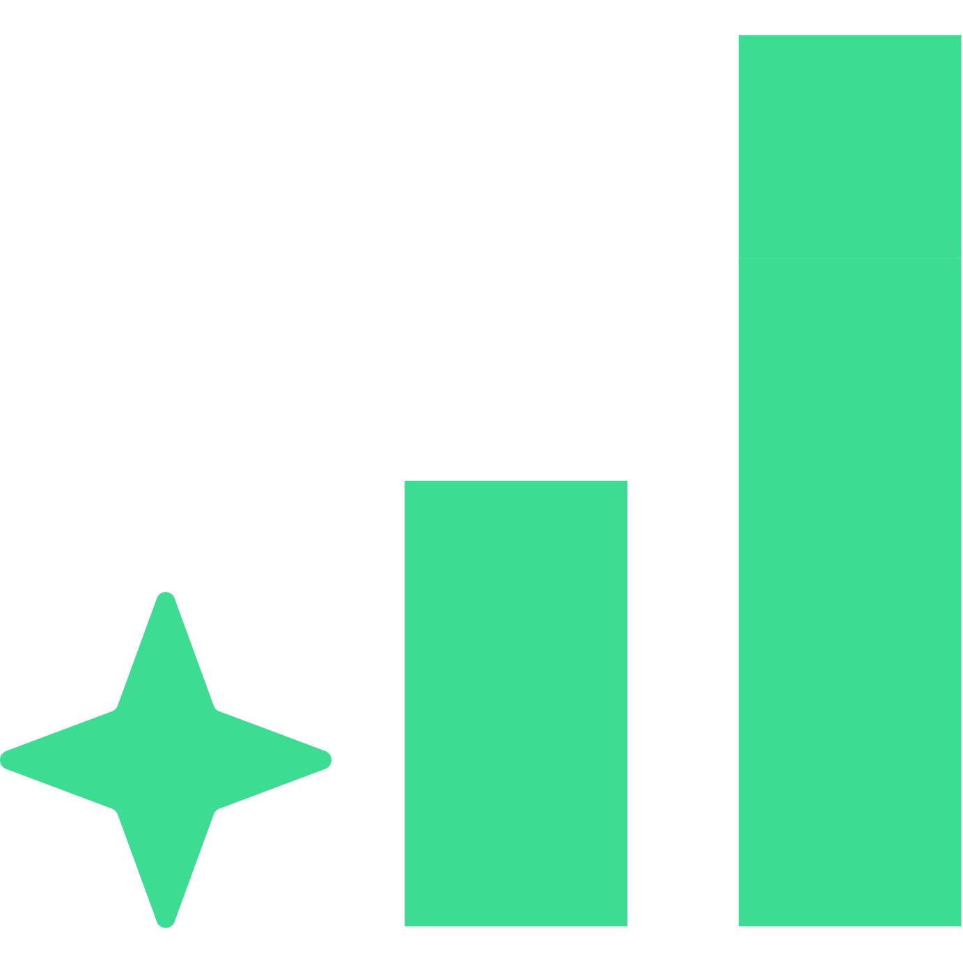 Three bright green shapes: a four-pointed star on the left and two rectangular columns of increasing height to the right.