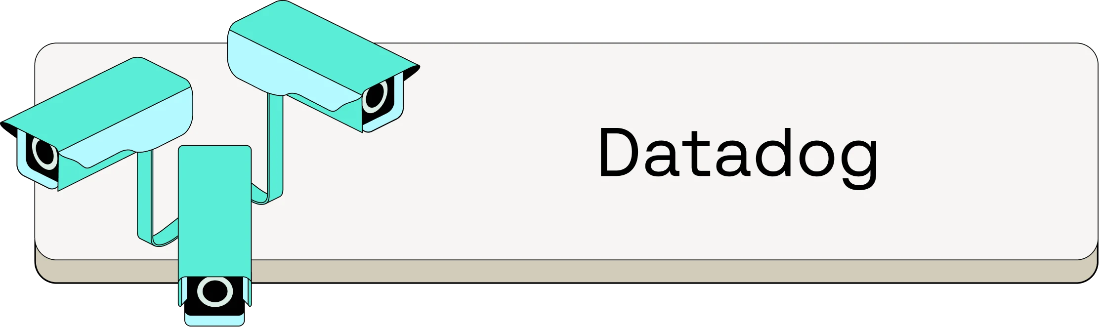 Illustration of three turquoise security cameras mounted on stands next to the Datadog logo on a light gray background.