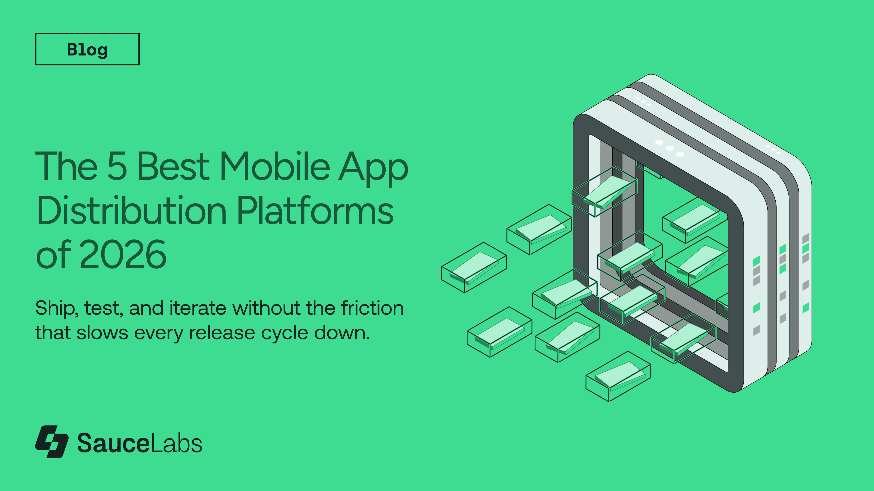 Illustration of smartphone with app packages flowing through it on green background, promoting mobile app distribution platforms.