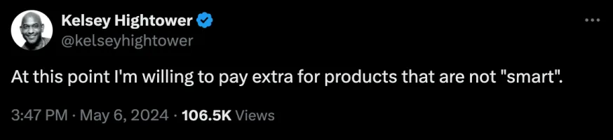 Screenshot of tweet from Kelsey Hightower for Everything is Software, Everything is Broken article 