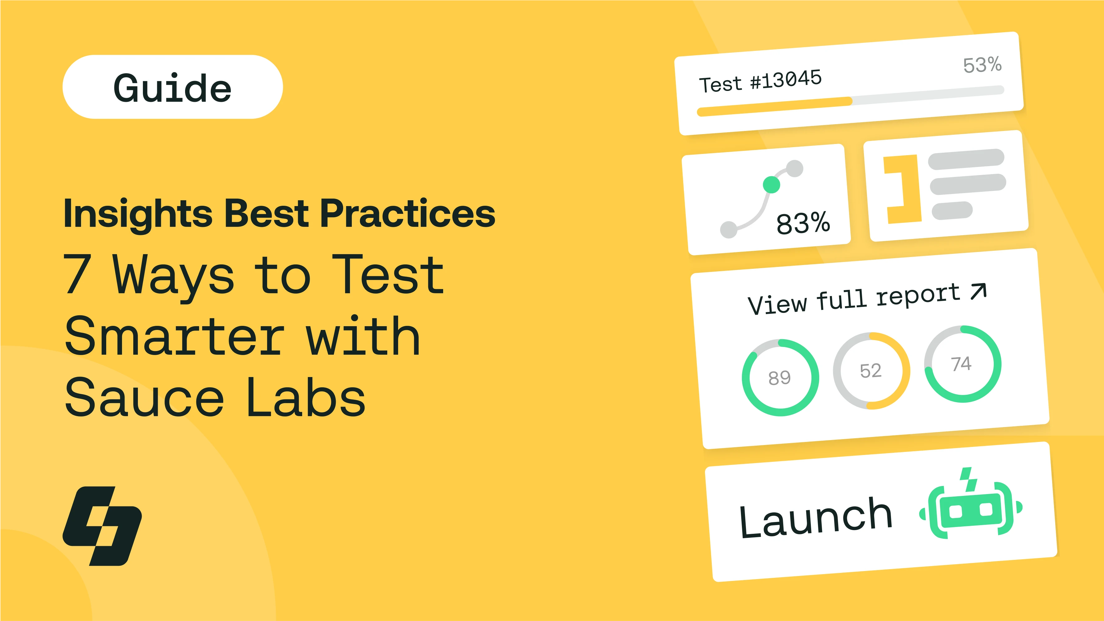 Yellow guide banner showing "7 Ways to Test Smarter with Sauce Labs" with analytics dashboard displaying test metrics and reports.