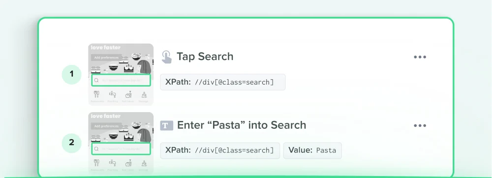 Mobile app interface showing two steps: tapping search bar and entering "Pasta" into the search field.