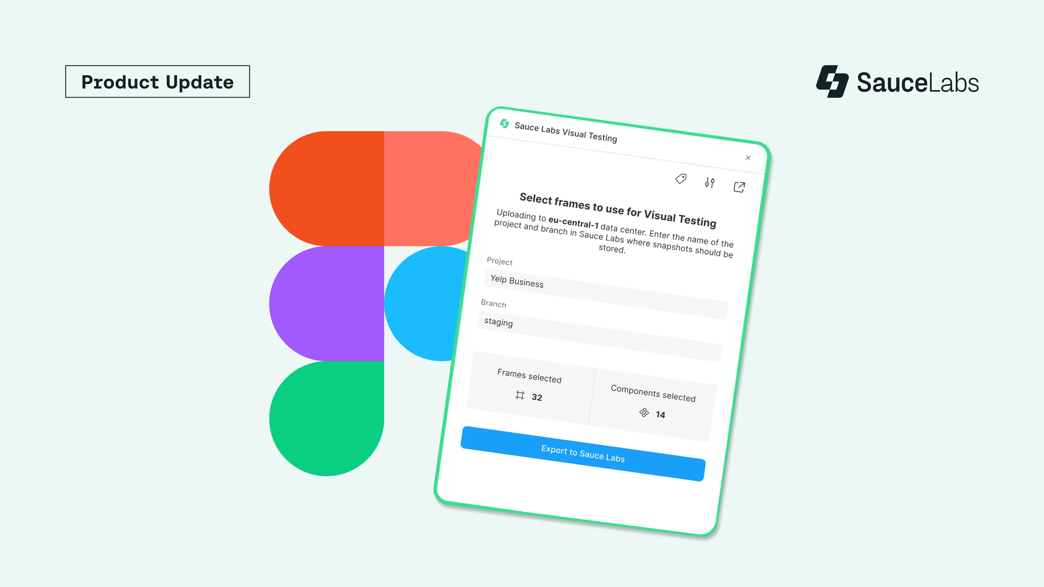 Sauce Labs product update showing Visual Testing interface with colorful Figma logo and frame selection dialog for testing projects.