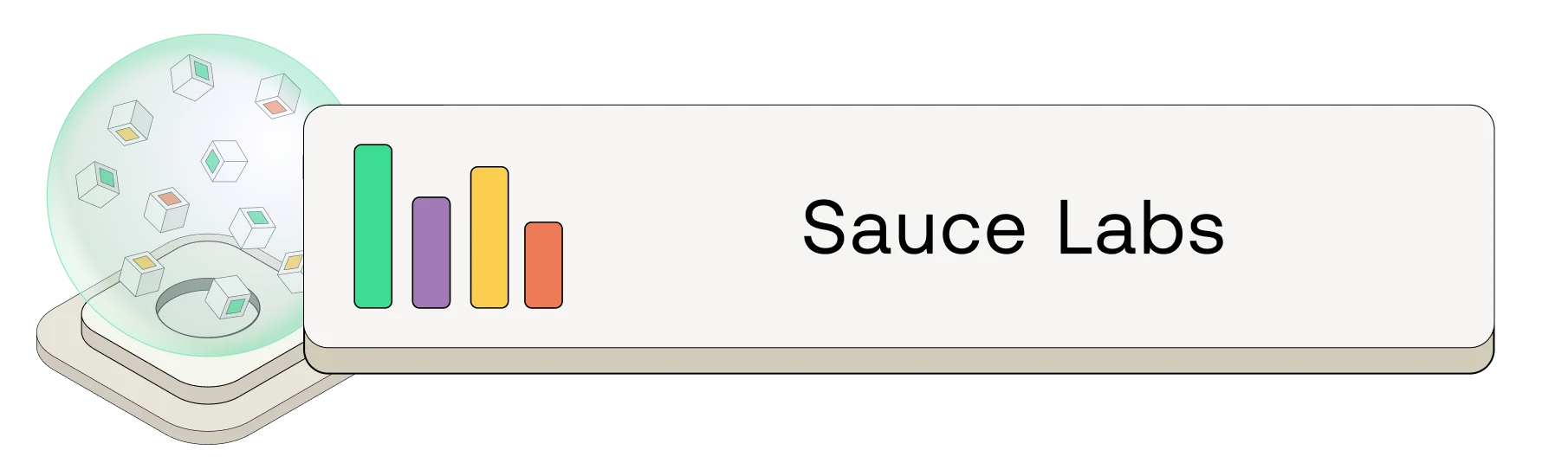 Sauce Labs header with colorful bar chart and 3D cube graphics in a mint green bubble on a light background.