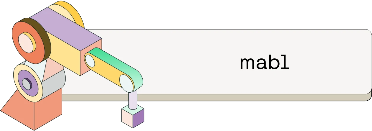 Colorful isometric illustration of a mechanical device with wheels and arms next to the text "mab1"