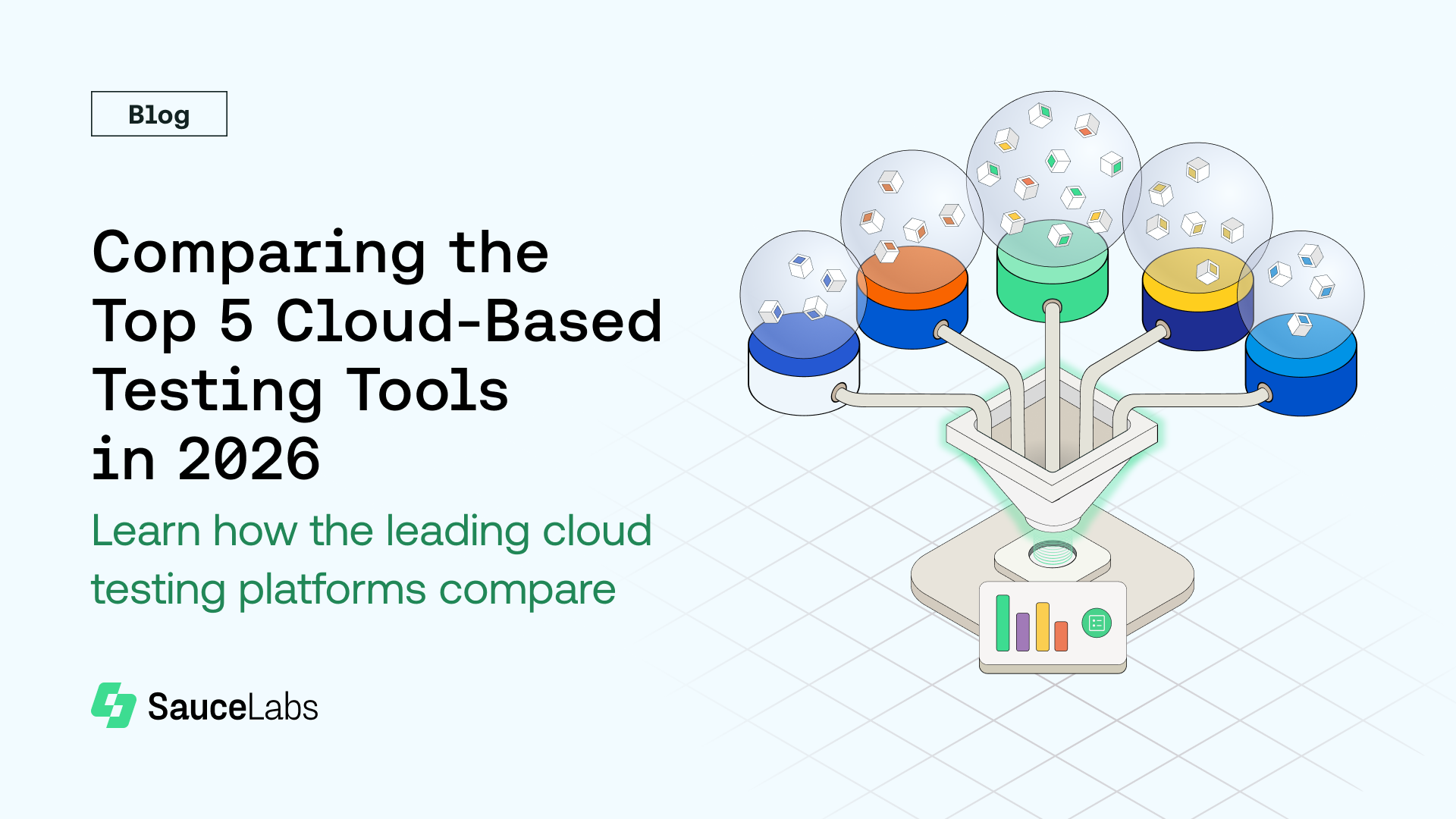 Illustration of cloud testing tools comparison with colorful connected cylinders representing different platforms and data flows.