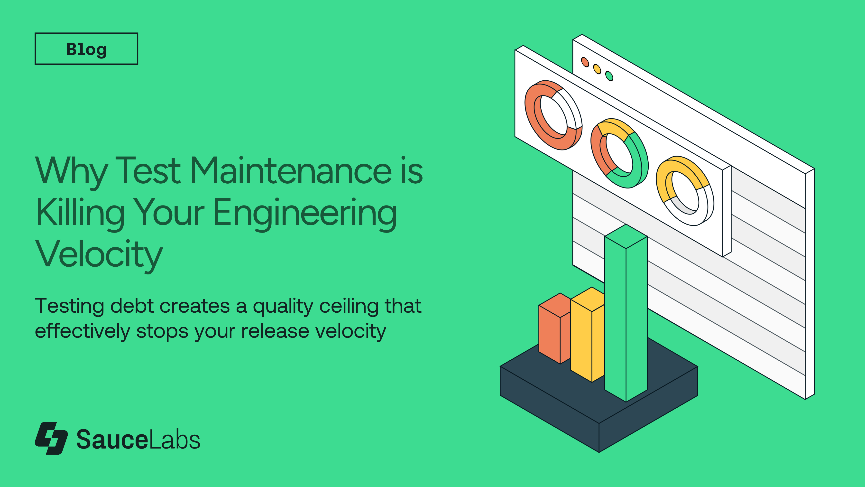 Blog graphic showing "Why Test Maintenance is Killing Your Engineering Velocity" with colorful charts and bar graphs on green background.