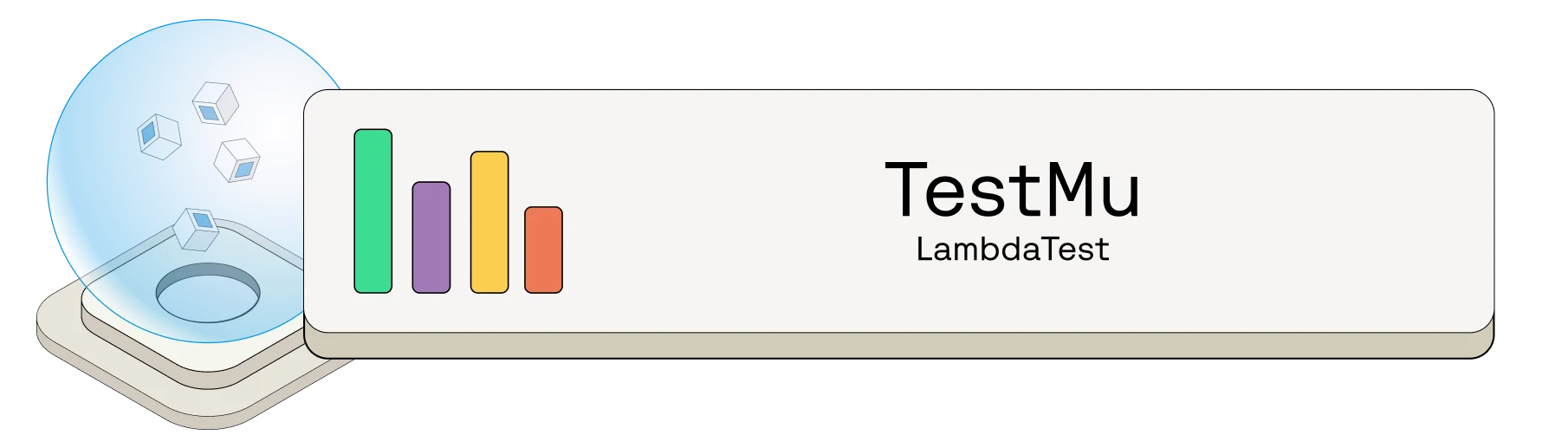 TestMu AI (LambdaTest) header with colorful bar graph and blue sphere containing floating cube elements.