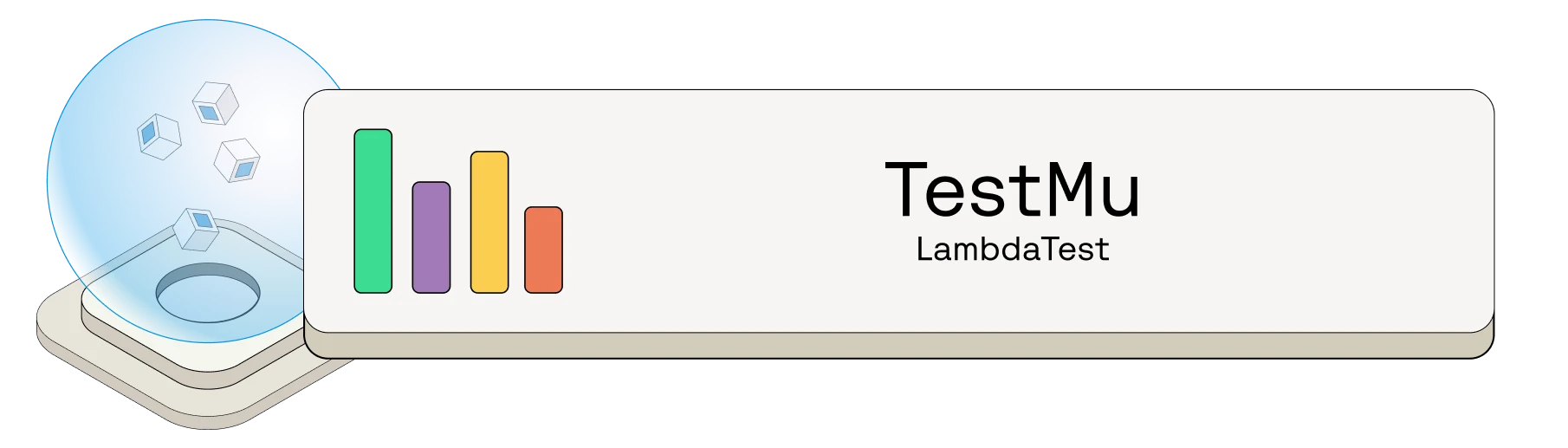 TestMu AI (LambdaTest) header with colorful bar graph and blue sphere containing floating cube elements.