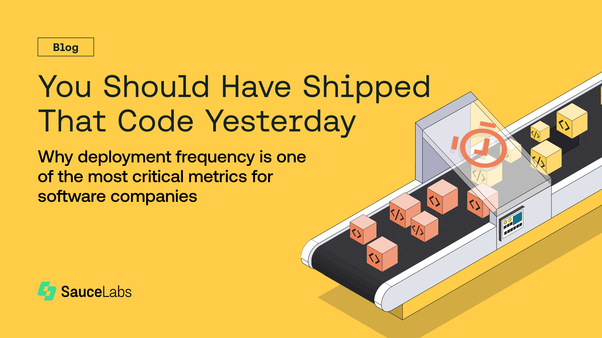 Illustration of code blocks on a conveyor belt with blog title about deployment frequency on a yellow background.