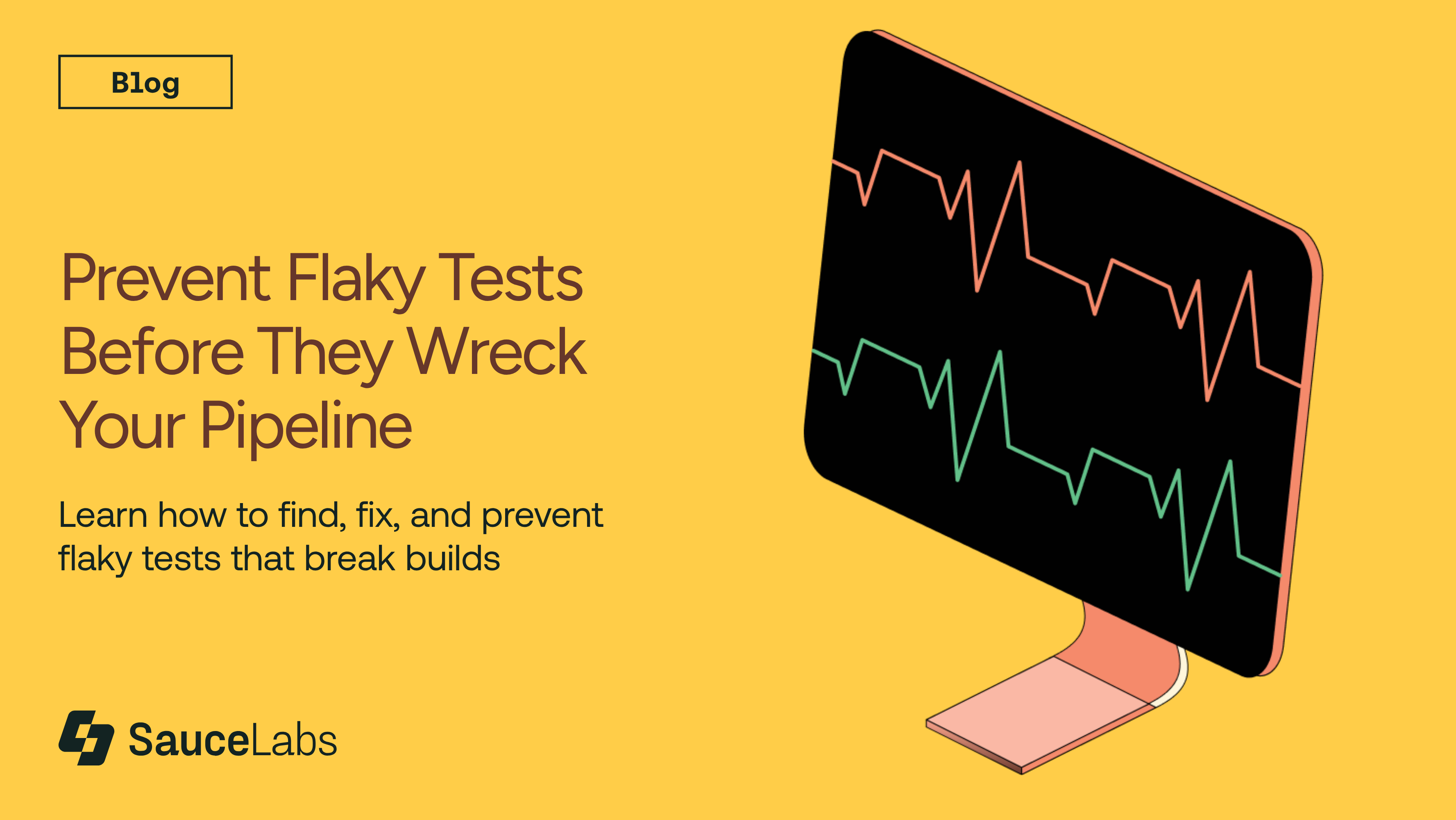 Blog header image showing monitor with red and green test graphs on yellow background with title about preventing flaky tests.