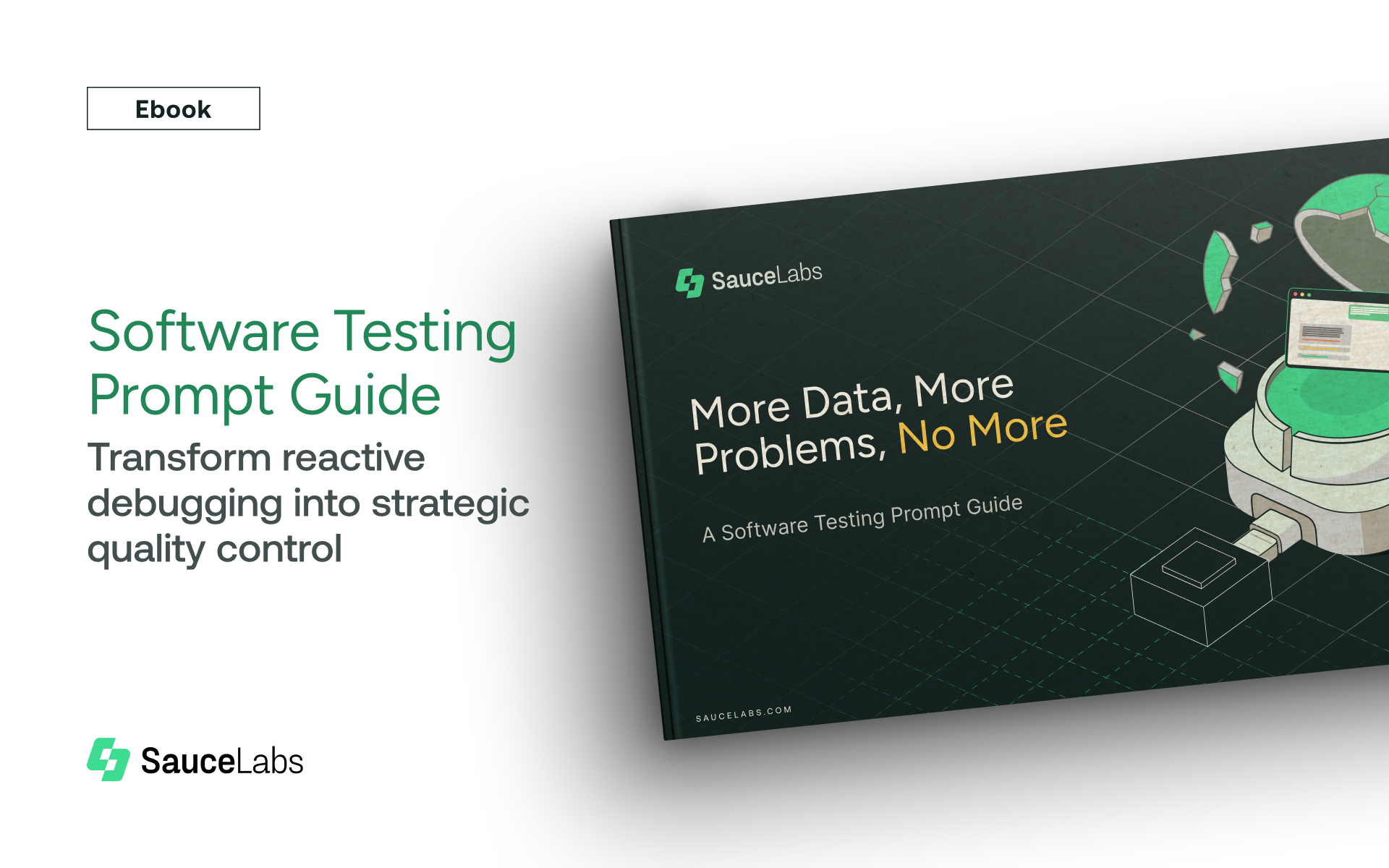 SauceLabs ebook cover showing "Software Testing Prompt Guide" with dark green design and database illustrations.