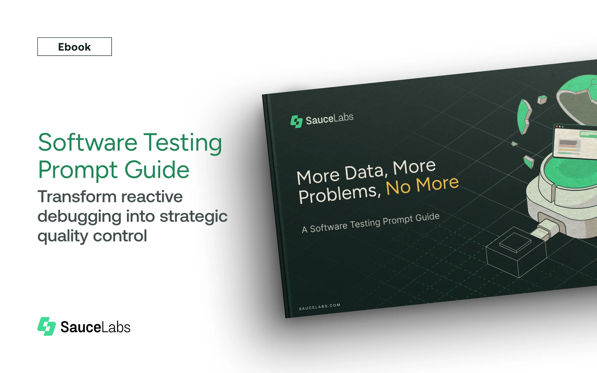 SauceLabs ebook cover showing "Software Testing Prompt Guide" with dark green design and database illustrations.