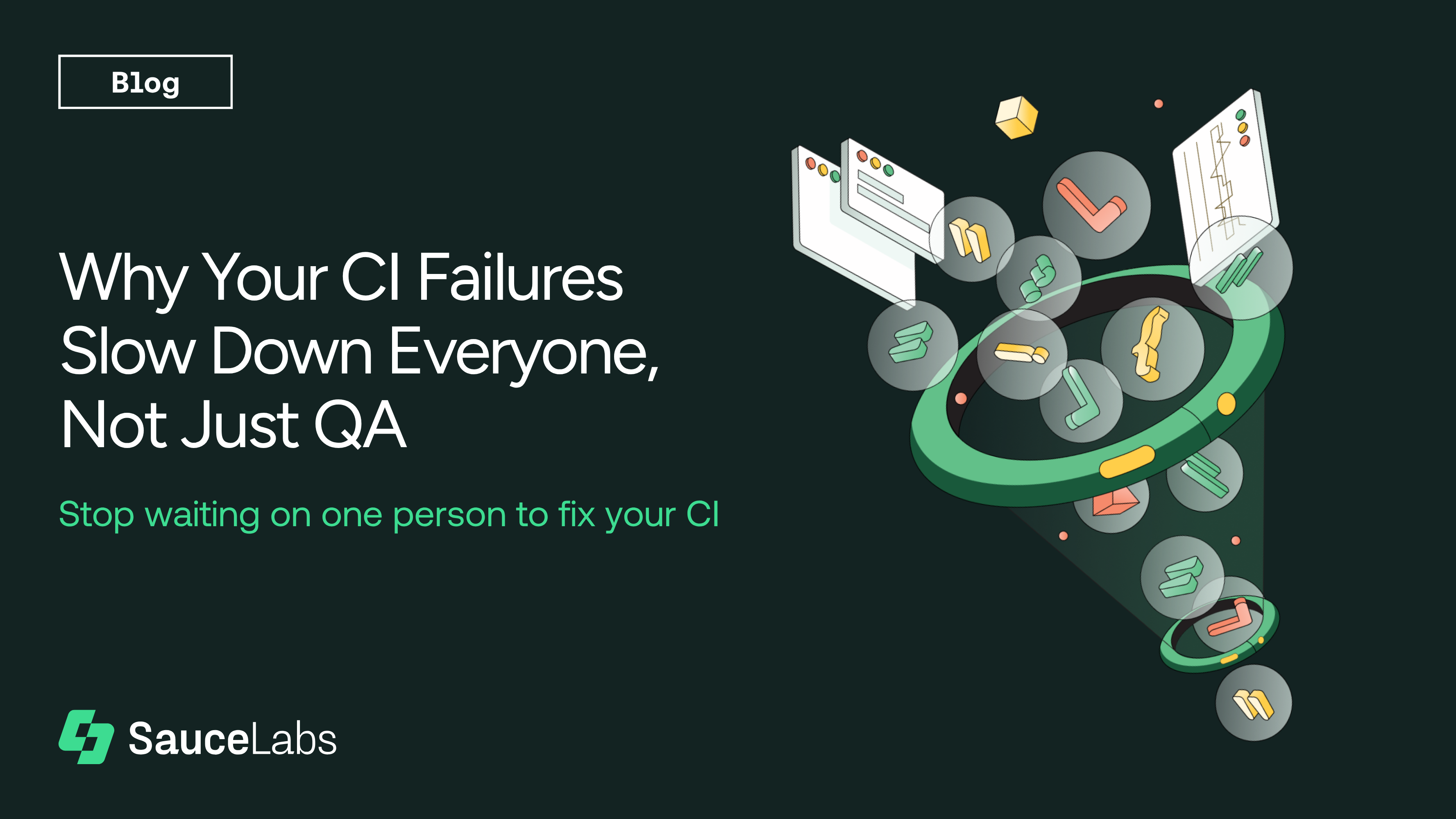 Blog header image showing "Why Your CI Failures Slow Down Everyone, Not Just QA" with colorful development icons in a bottleneck design.