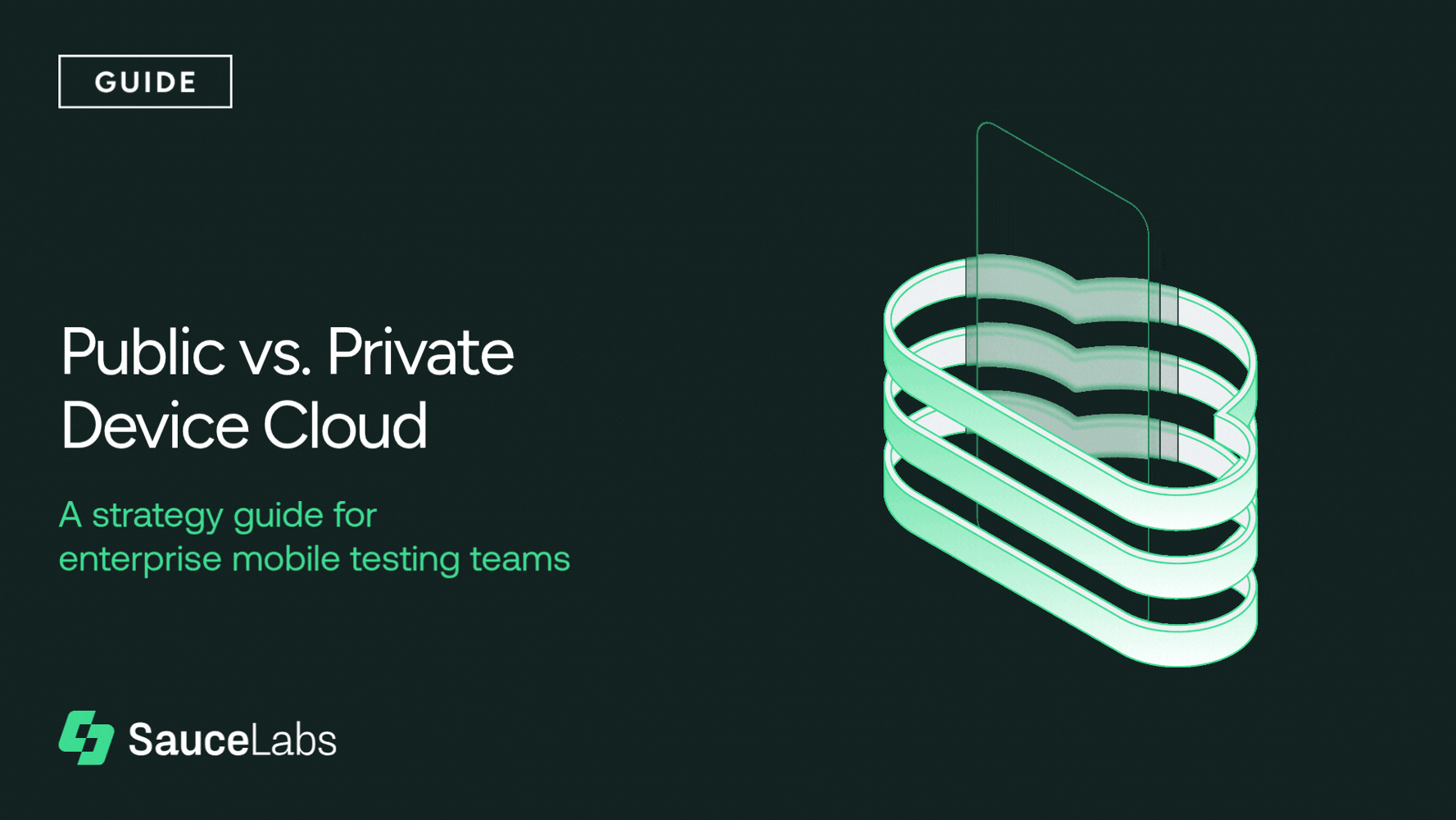 Dark green guide cover titled Public vs. Private Device Cloud by Sauce Labs, featuring a 3D layered cloud and device icon animation.