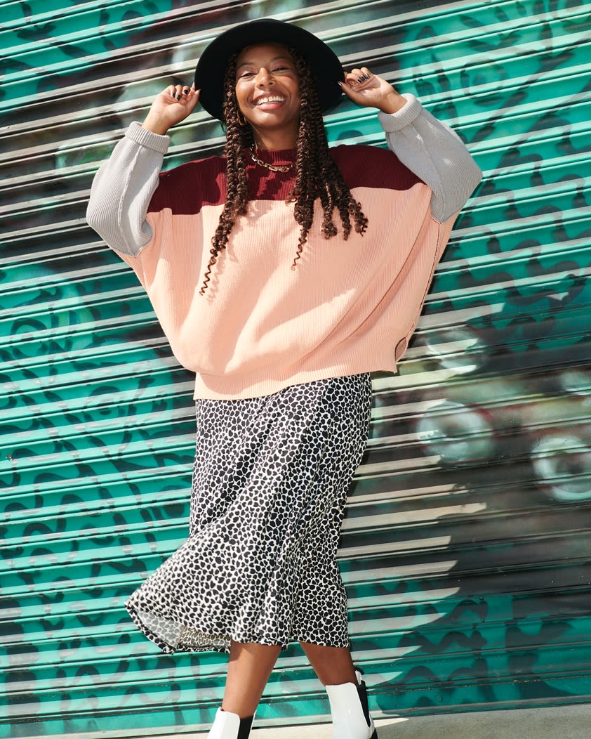 DITSY DRESS WITH COLORBLOCK SWEATER