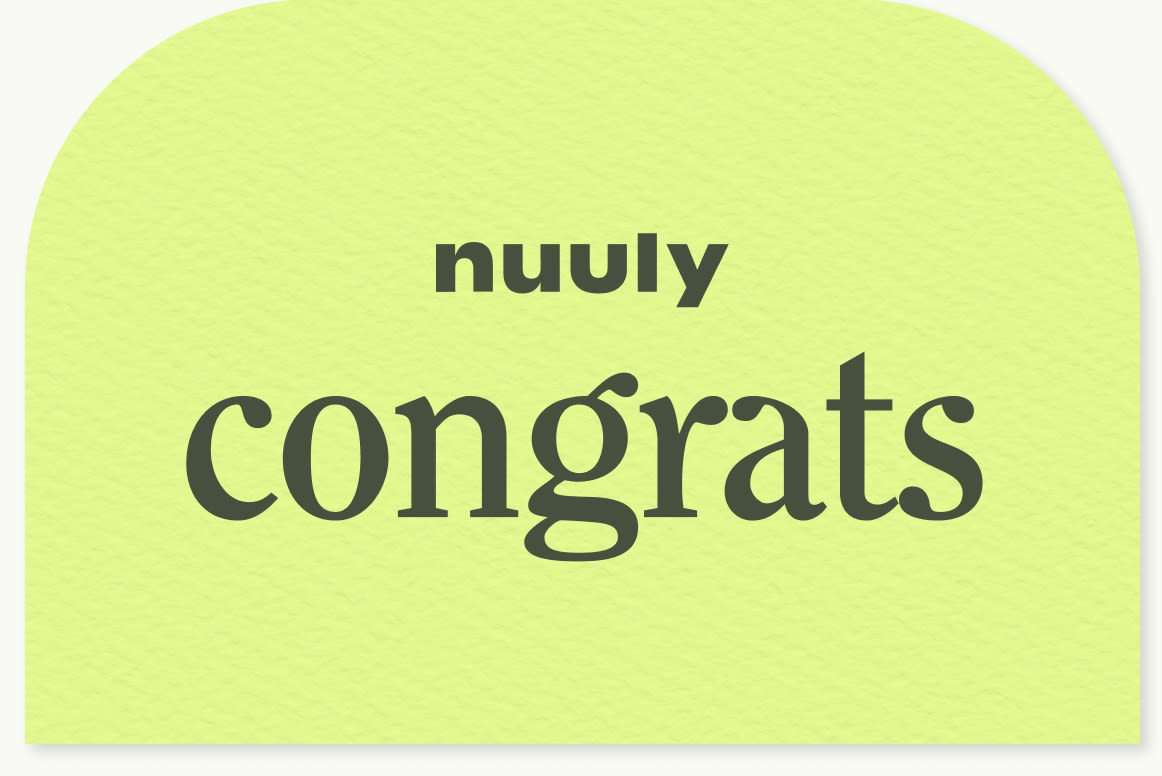 Nuuly gift card with the message ‘nuuly congrats’ on a green blue background.