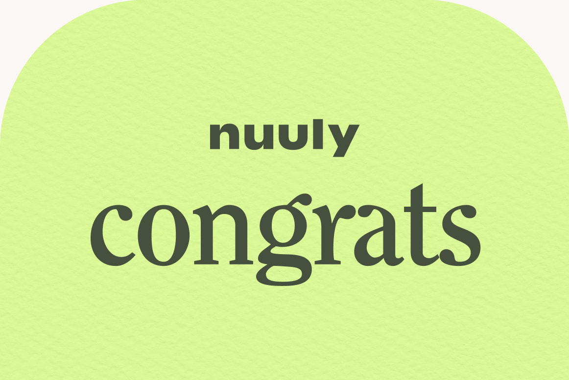 Nuuly gift card with the message ‘nuuly congrats’ on a green blue background.