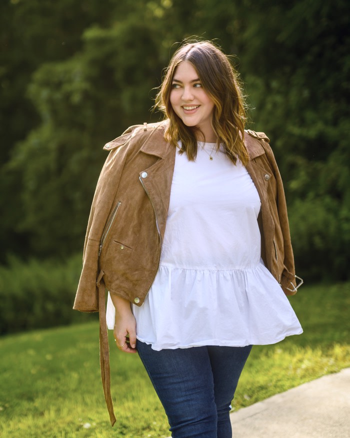pair a suede jacket with peplum white top