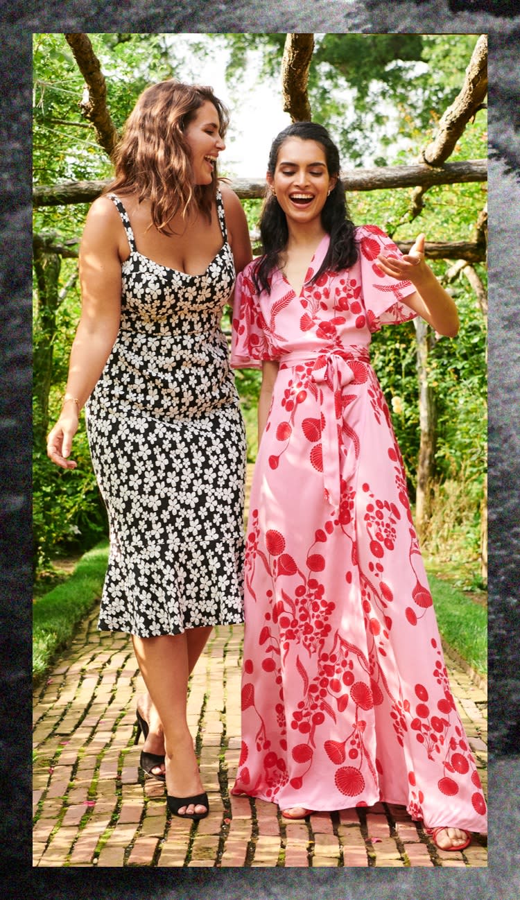 Models wearing occasion dresses in a luscious rose garden.