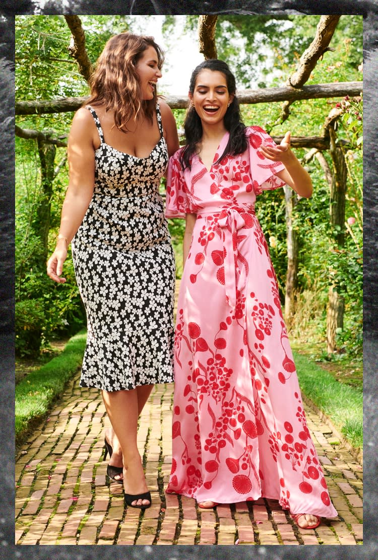 Models wearing occasion dresses in a luscious rose garden.