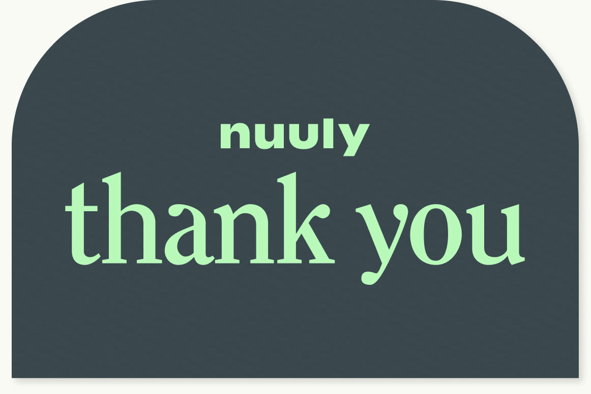 Nuuly gift card with the message ‘nuuly thank you’ on a dark green background.