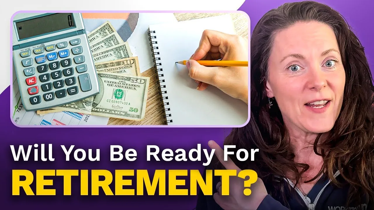 A woman with brown hair and her eyes are widened. There are words that say Will you be ready for retirement? Above the words is a calculator on top of dollar bills and a hand holding a pencil over a blank notebook.