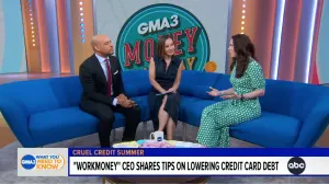 3 people sitting on a blue couch facing each other. Underneath them is a banner that reads WorkMoney CEO shares tips on lowering credit card debt.