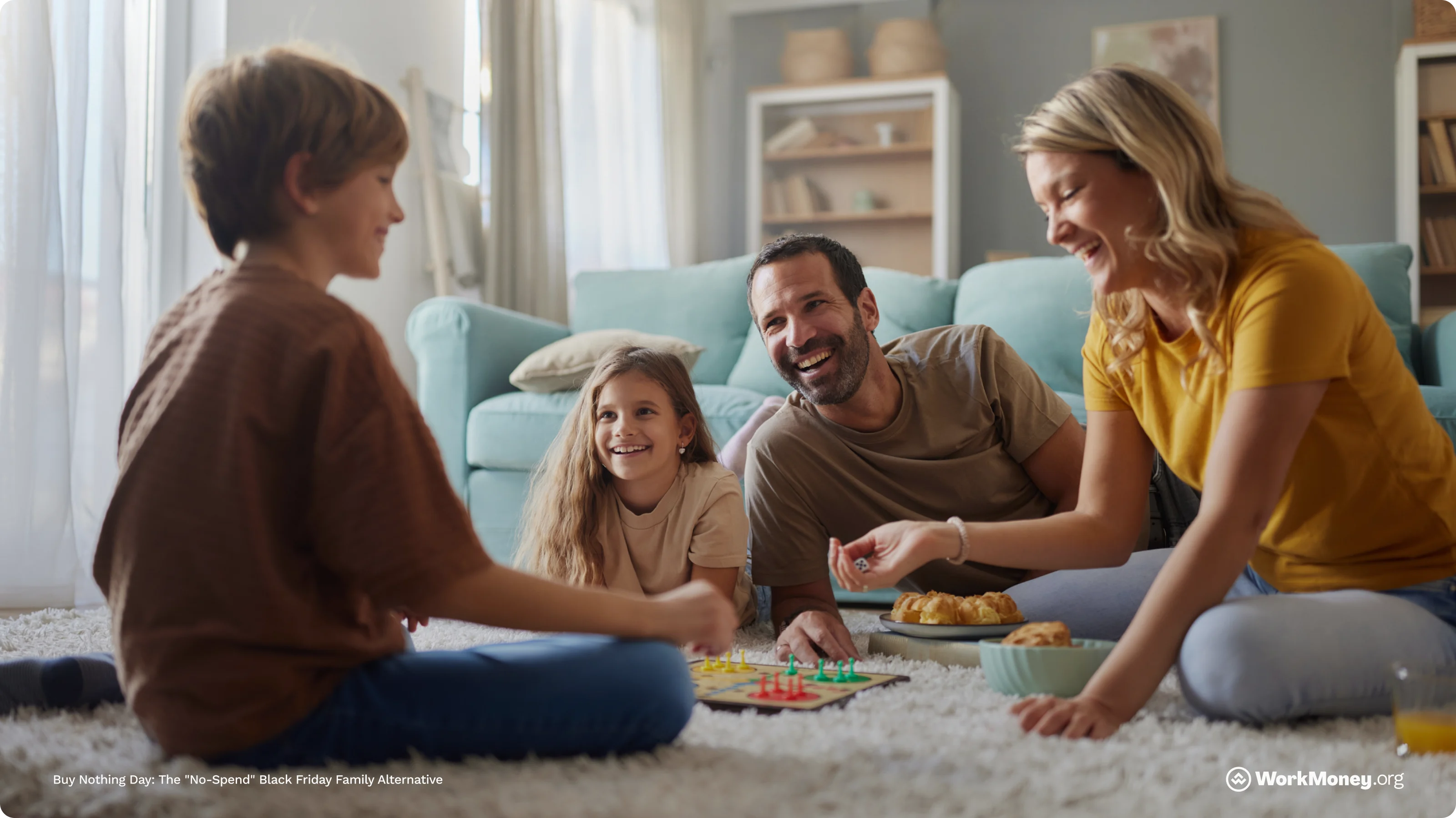 A family sits playing a board game together.