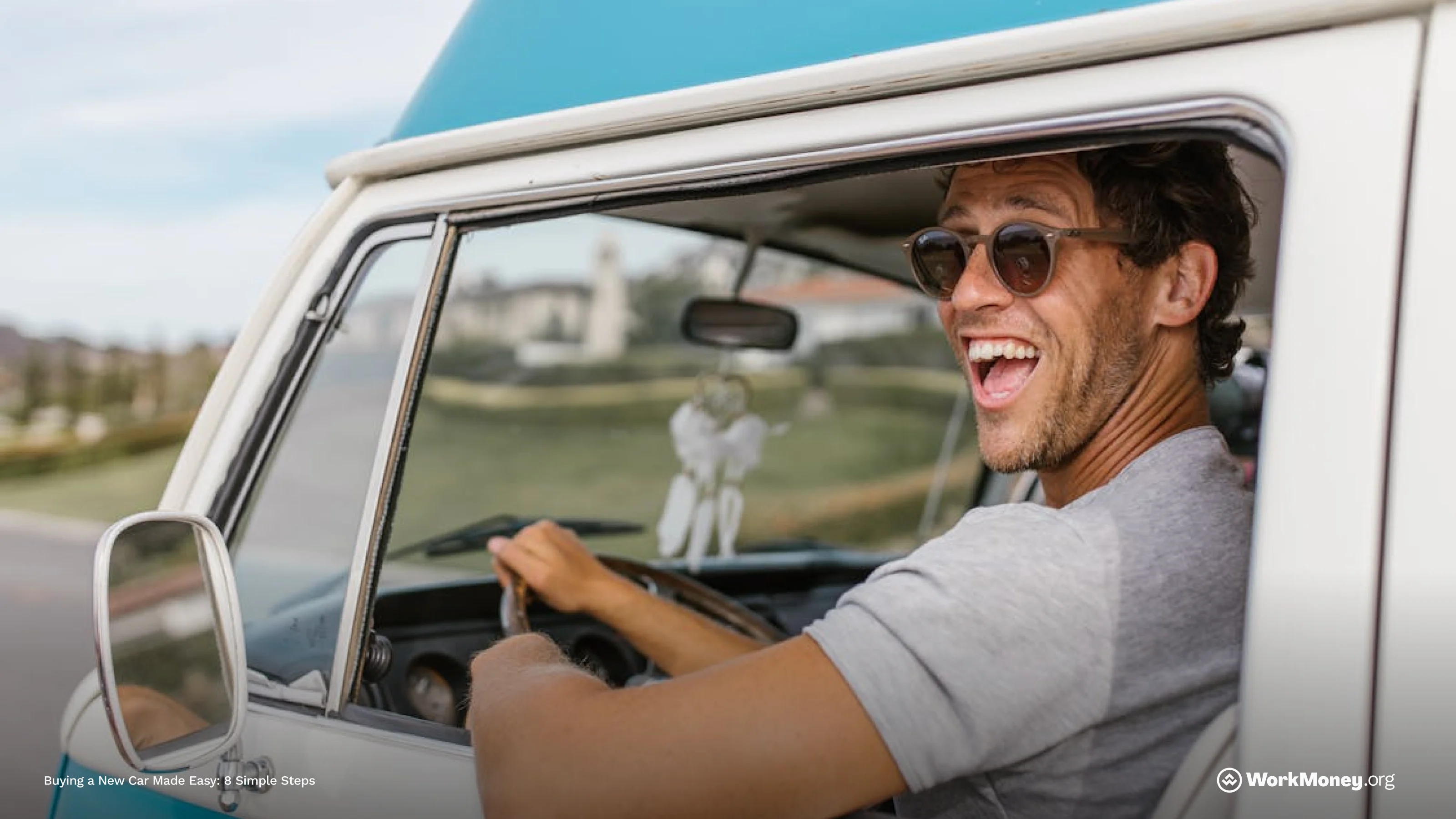 Guy Happy in His New Blue Car