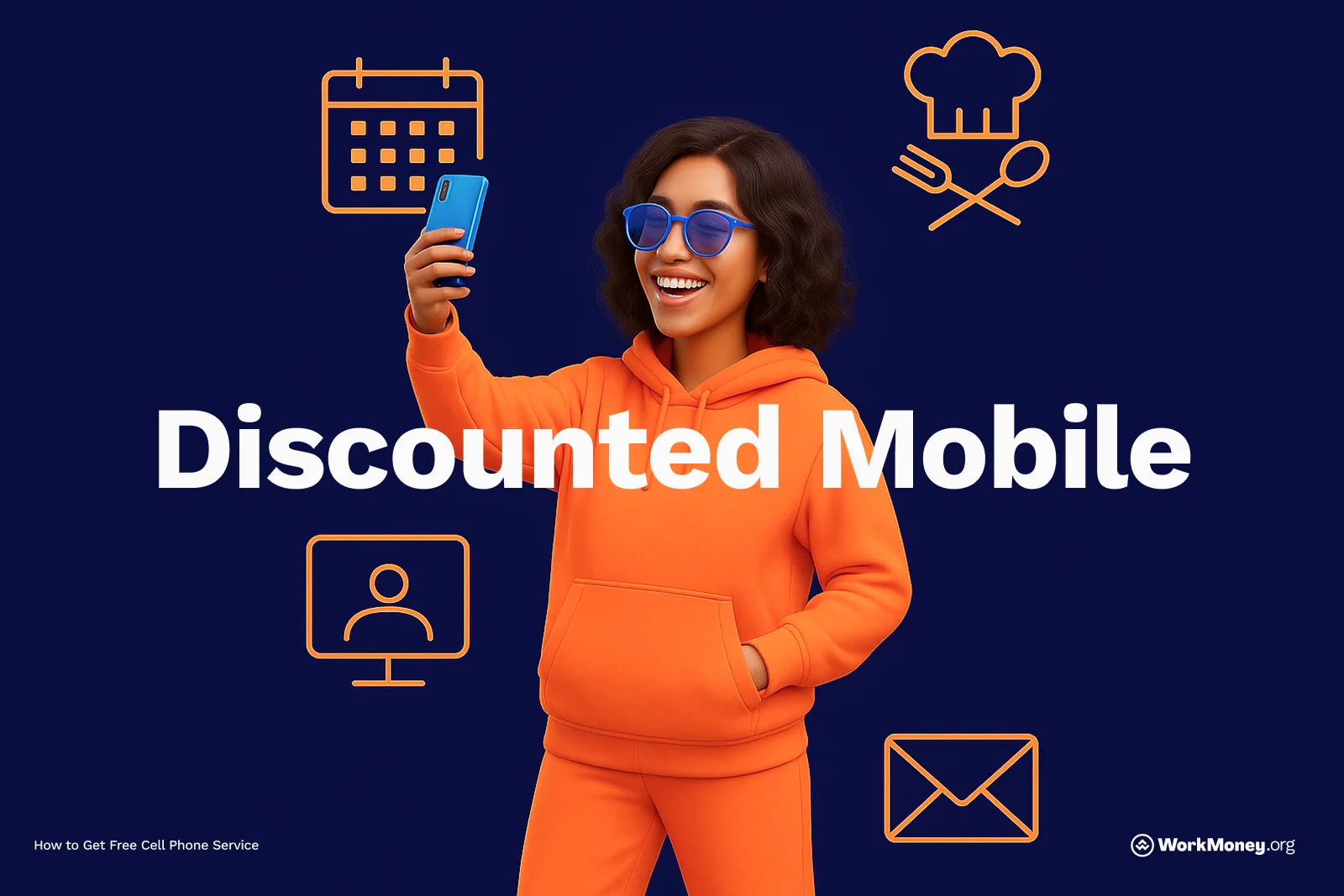 Woman smiles and looks at her phone in an orange tracksuit