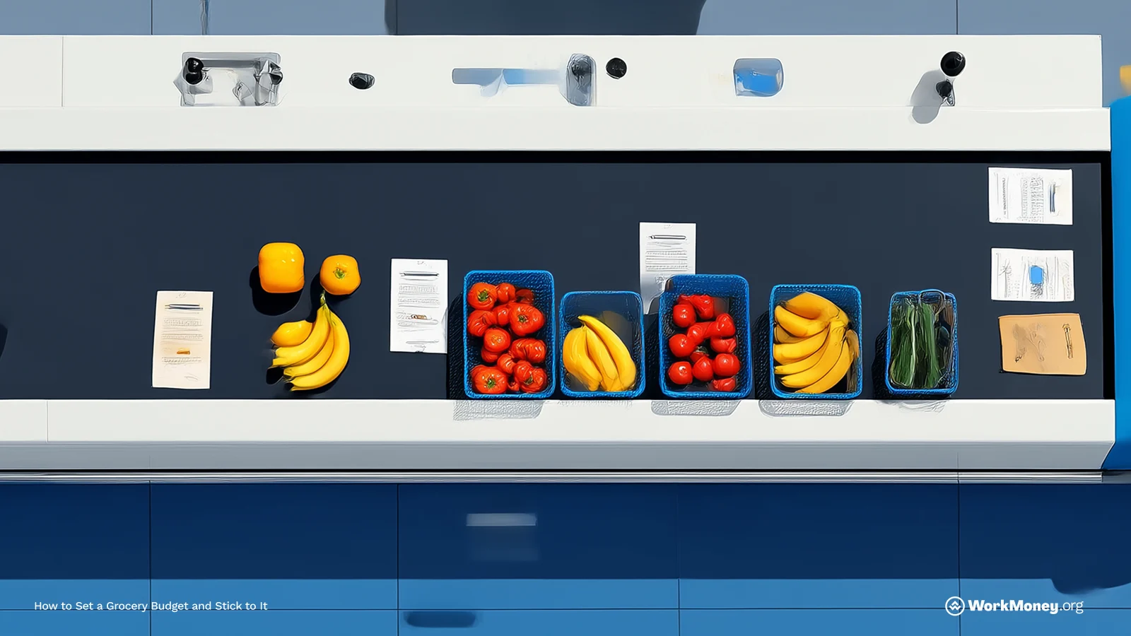 Top-down image of a grocery store conveyor belt showing neatly sorted baskets of bananas, tomatoes, and leafy greens, each paired with a receipt, illustrating budgeting for groceries.