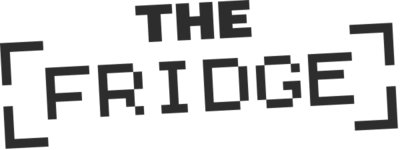 fried eggs in corners with dark grey logo spelling The Fridge