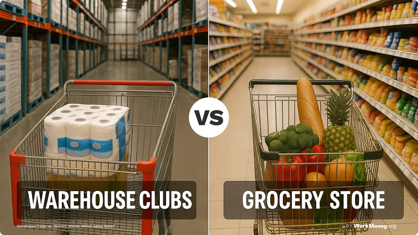 Side-by-side comparison of two shopping carts: one in a warehouse club filled with bulk toilet paper, and one in a grocery store filled with fresh produce and a baguette. A large “VS” is placed between the two to highlight the contrast.