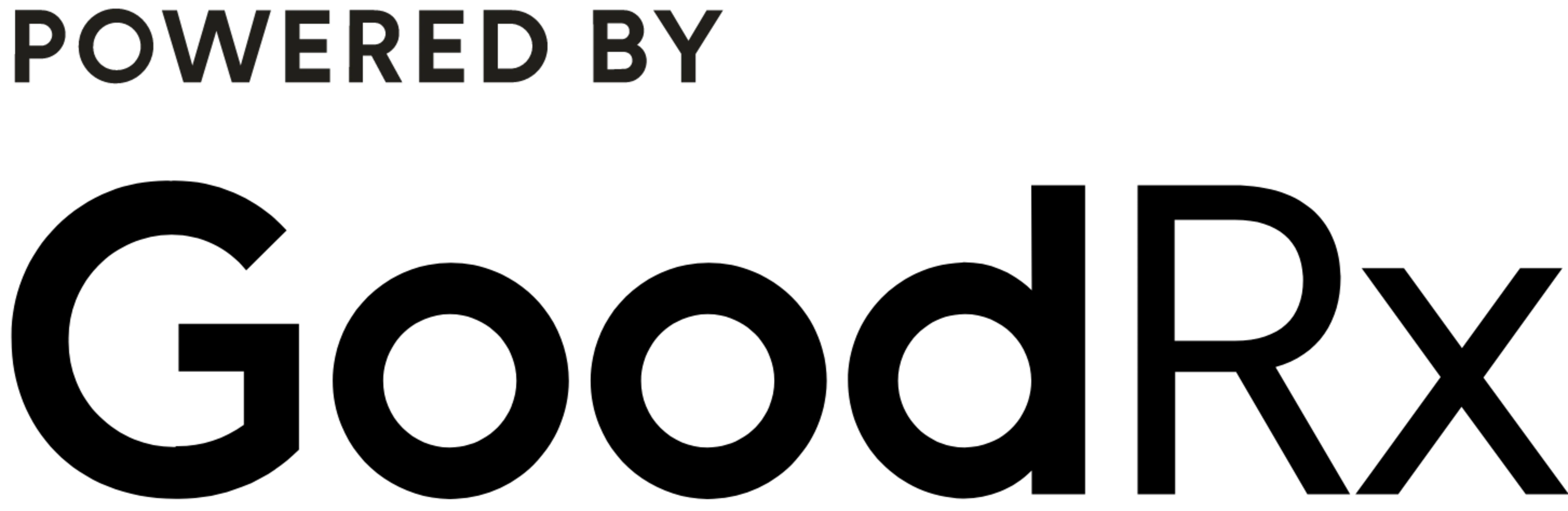 “Powered by GoodRx” logo in bold black text, with “Powered by” in uppercase smaller letters above the larger, bold “GoodRx” brand name.