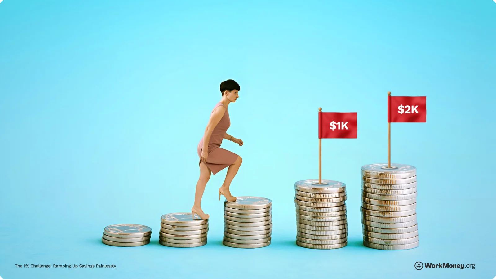 A woman climbs up a stack of coins toward more savings