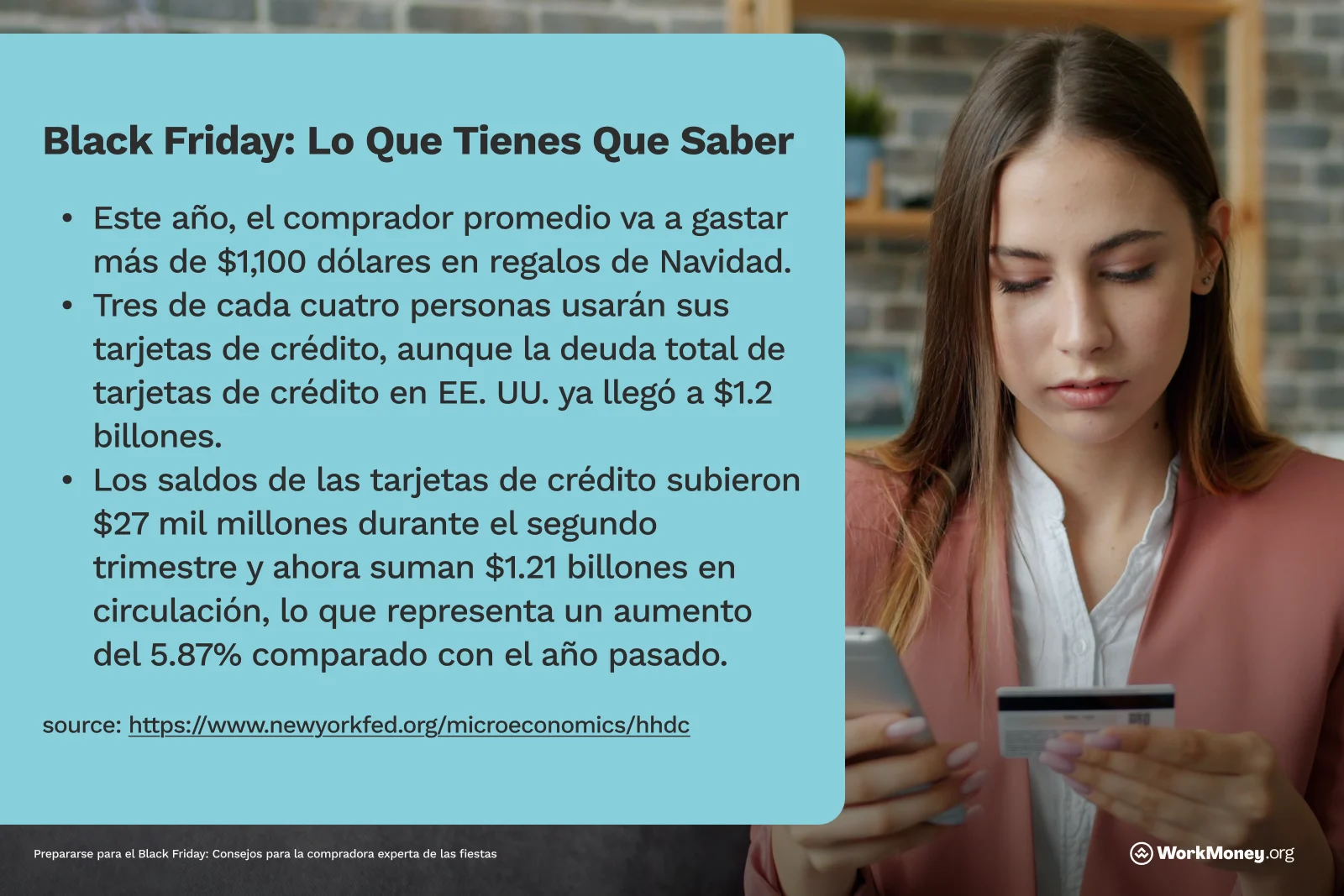 Image shows a woman holding a credit card and lists tips on ways to save while shopping