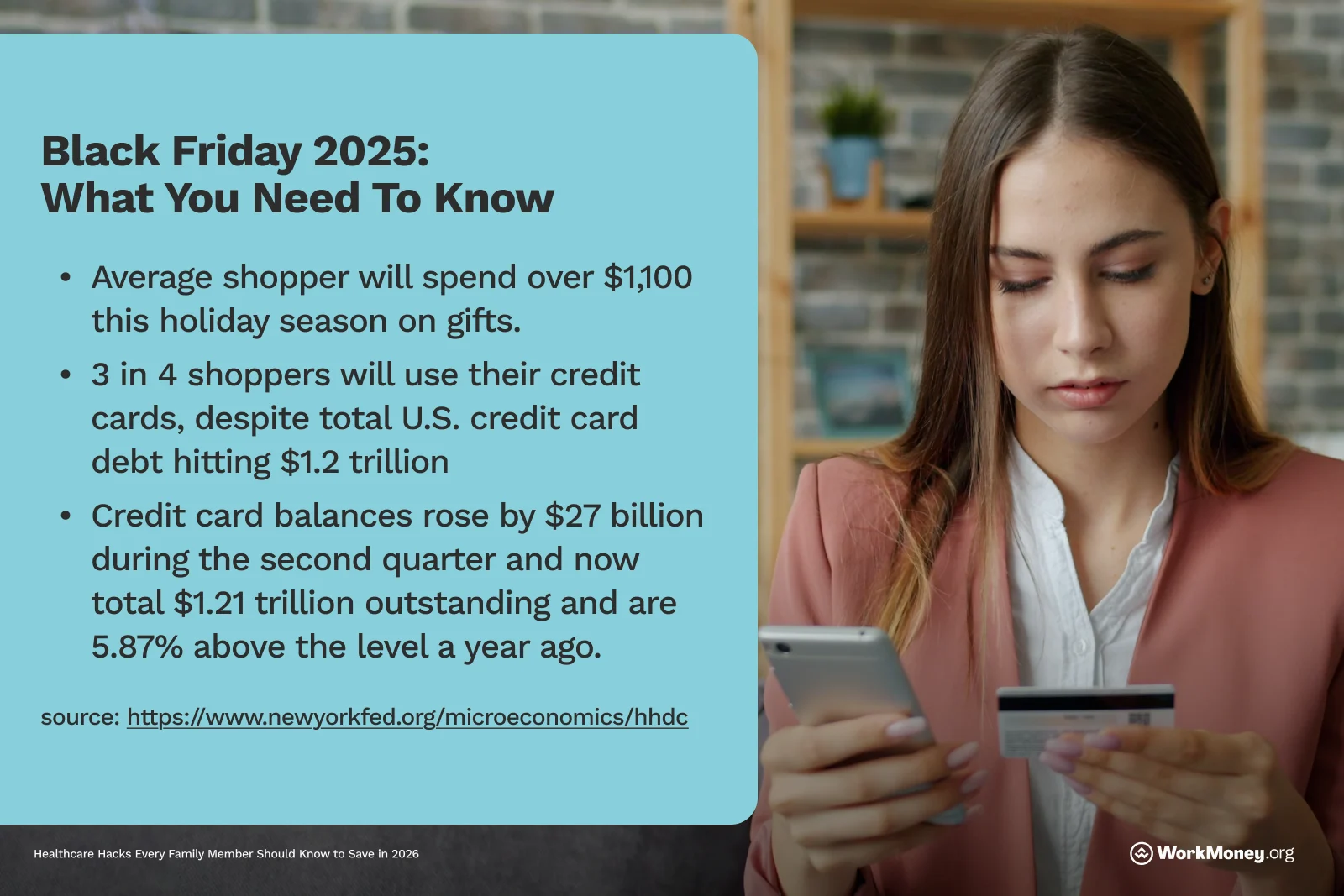 Image shows a woman holding a credit card and lists tips on ways to save while shopping