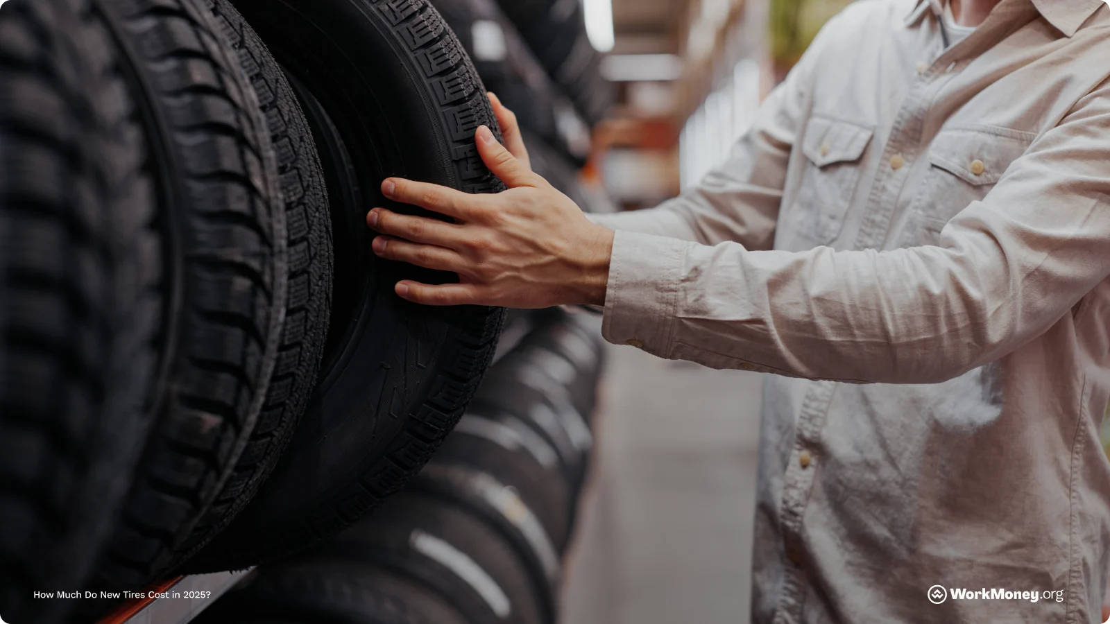 Tires stacked up in a shop