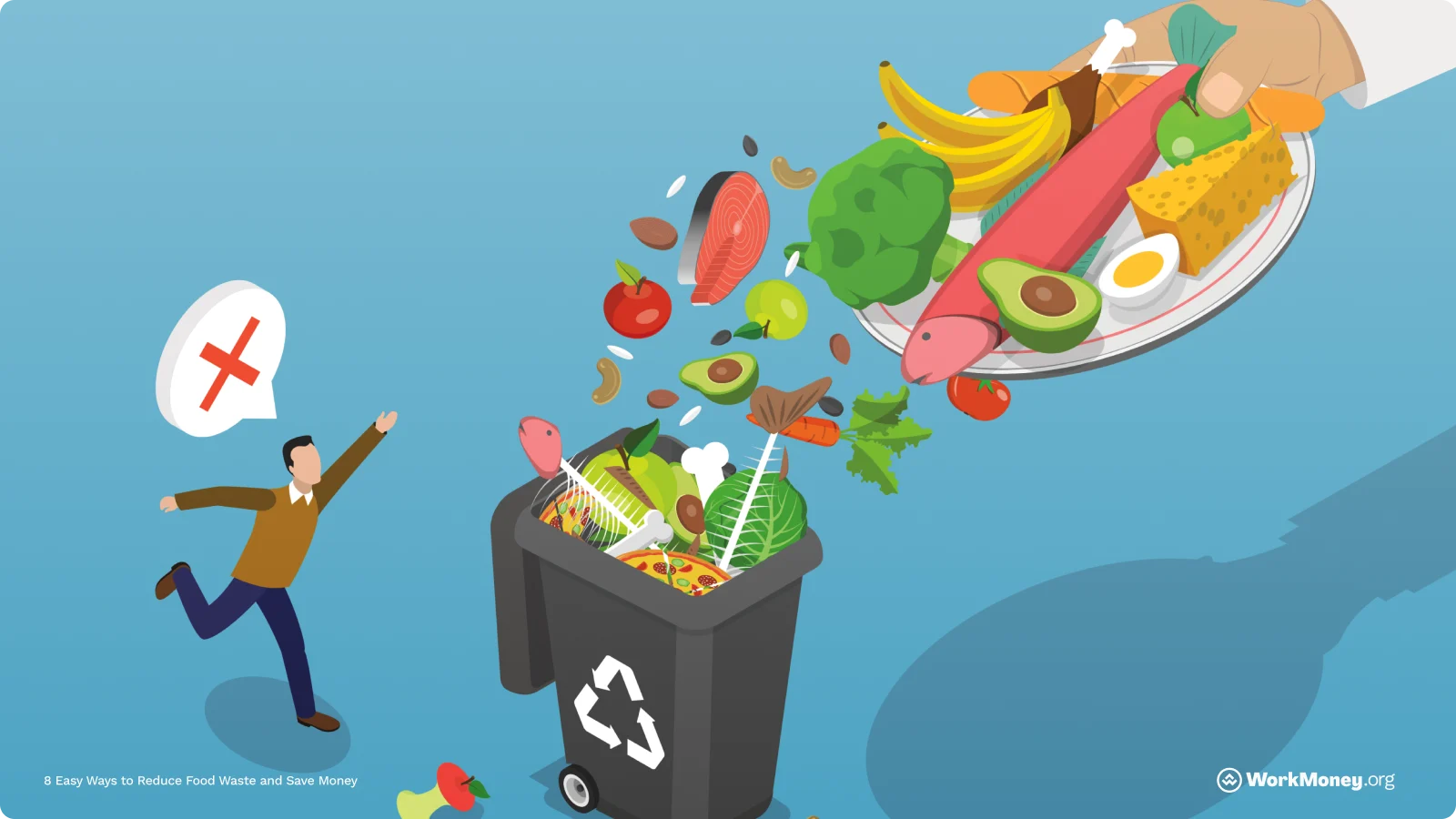 Man runs to a garbage can full of garbage and waste