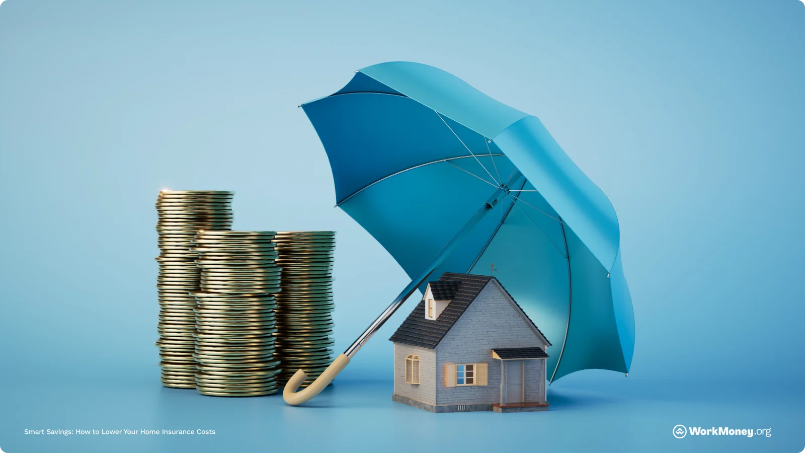 Small home covered by an umbrella next to a stack of coins