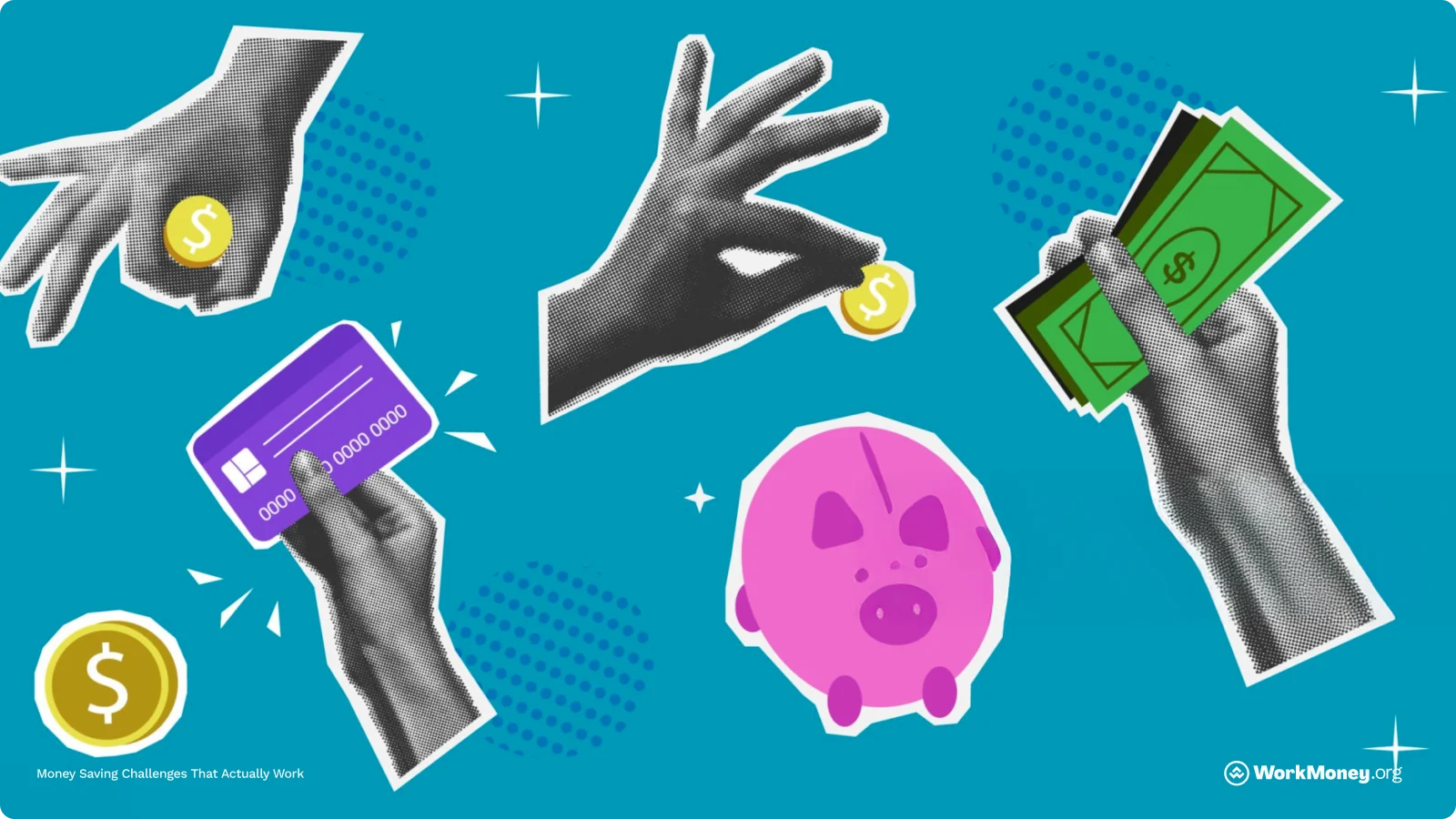 Pop-art style collage featuring hands with cash, coins, and a credit card, along with a pink piggy bank, representing money-saving strategies on a vibrant blue background.