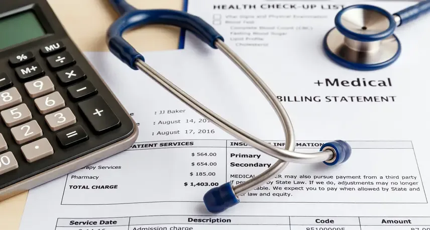 A stethoscope and calculator on top of medical billing statements