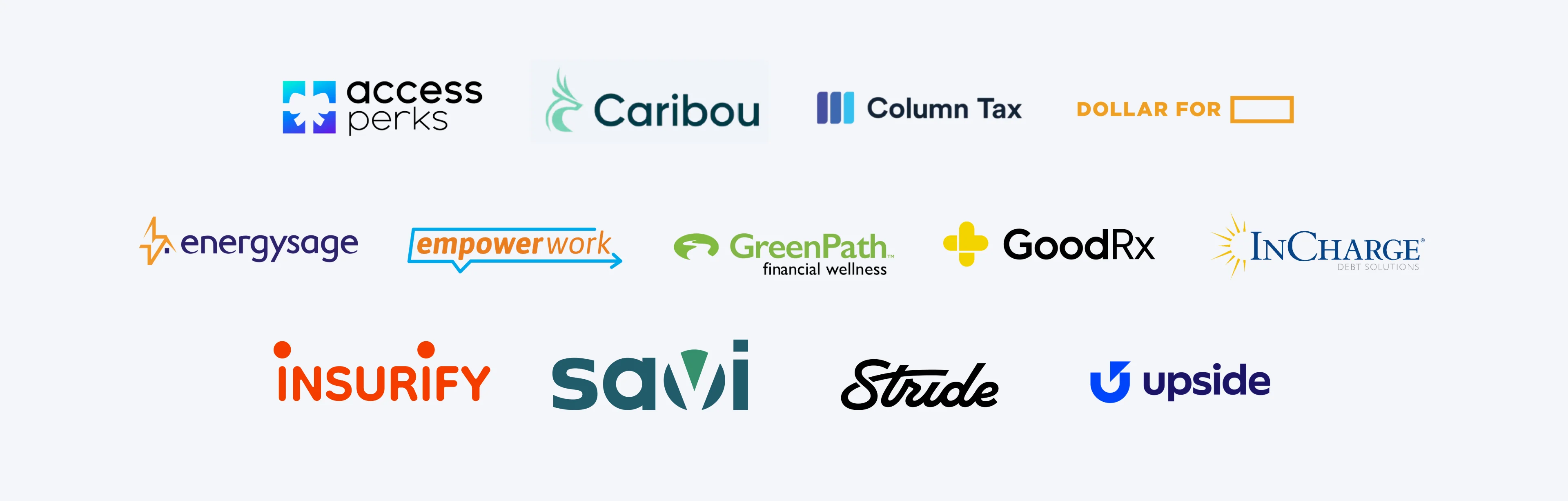 Partner lockup with WorkMoney and partners including Access Perks, Caribou, Column Tax, Dollar For, Energysage, empowerwork, GreenPath, GoodRX, InCharge, Insurify, Savi, Stride and Upside