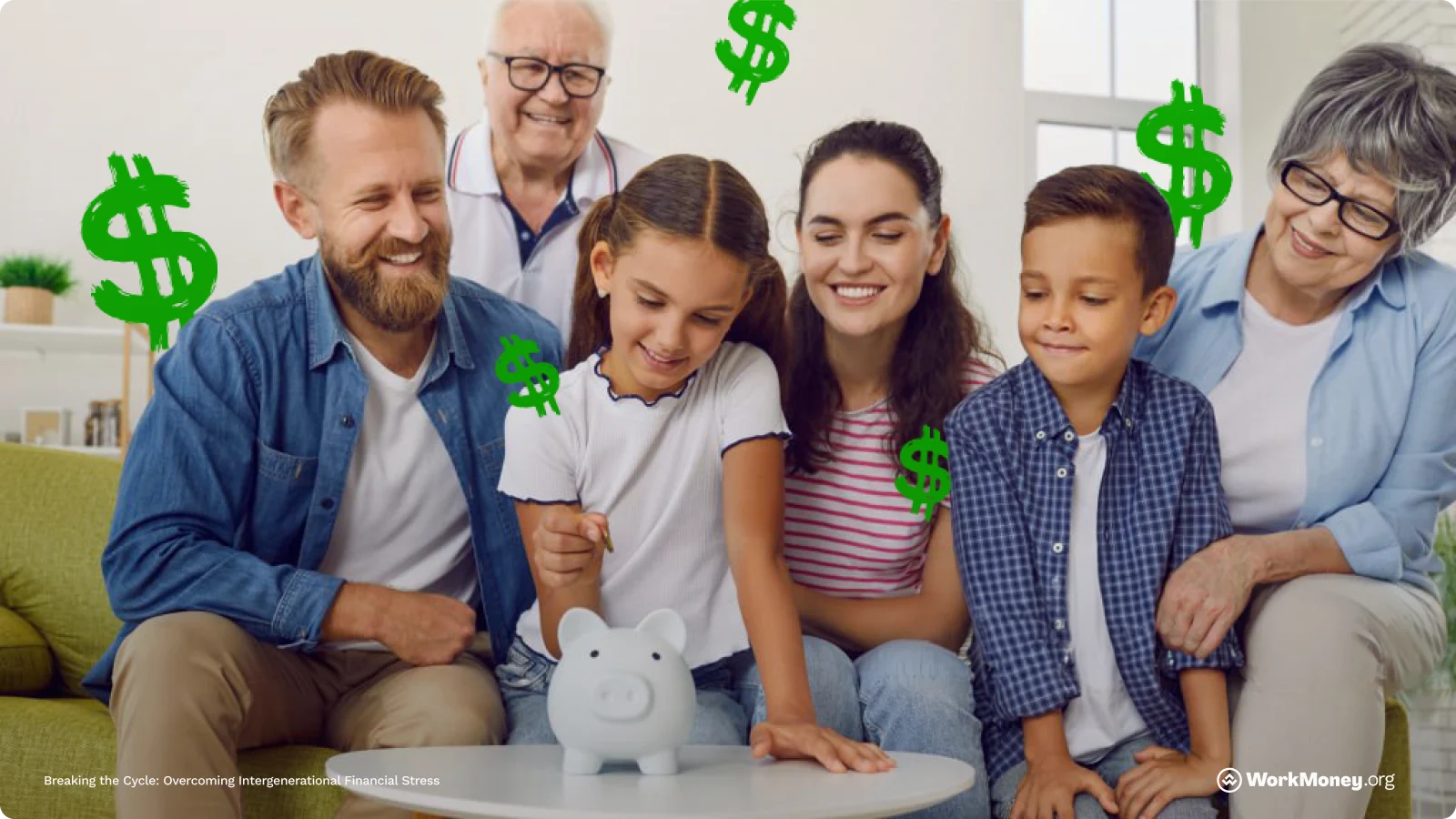 A family looks happily at a piggy bank together.