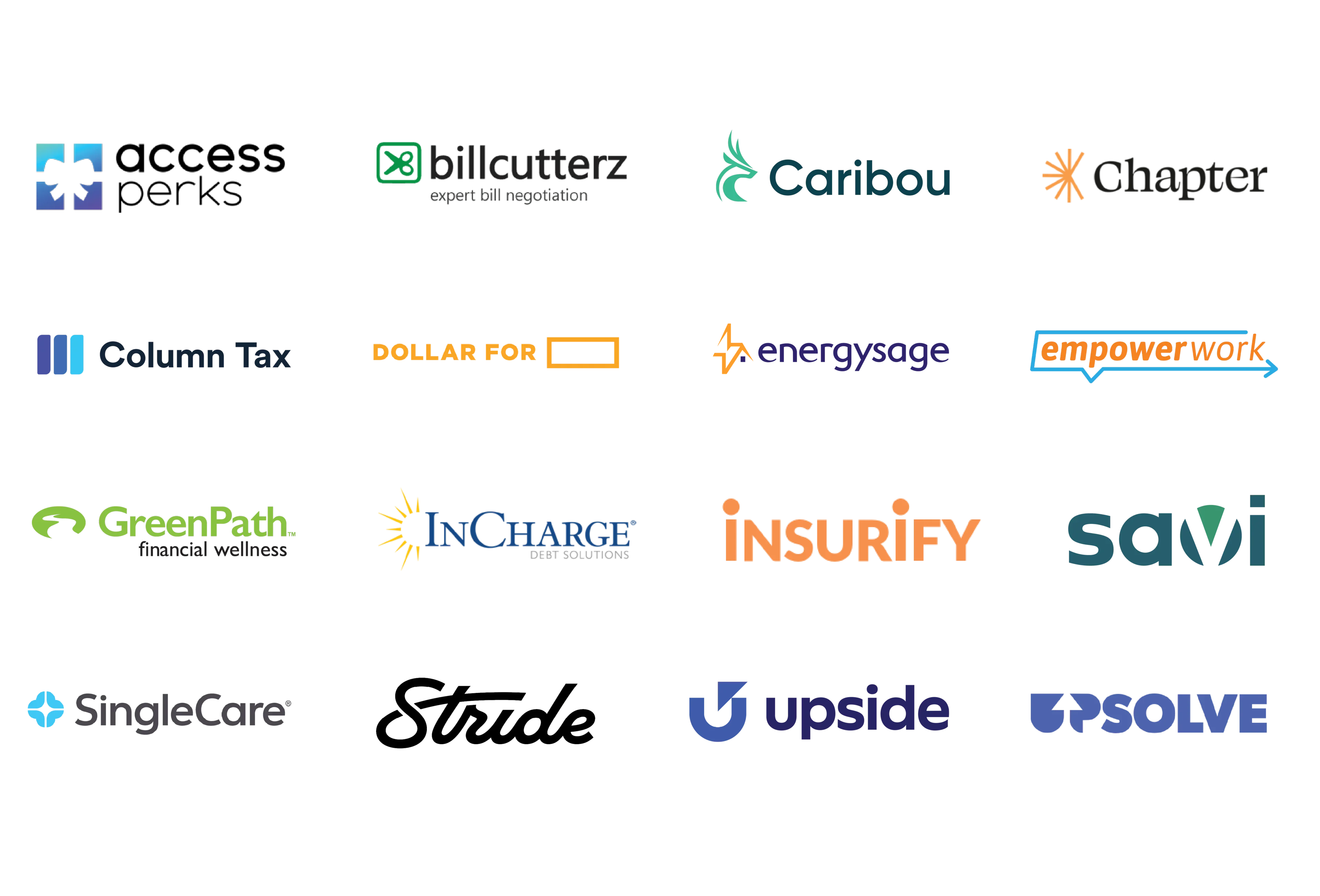 Una cuadrícula de 12 logotipos que dicen Access Parks, Caribou, Chapter, Dollar For, Energy Sage, Find Help, Insurify, Savi, Single Care, Upside y Upsolve