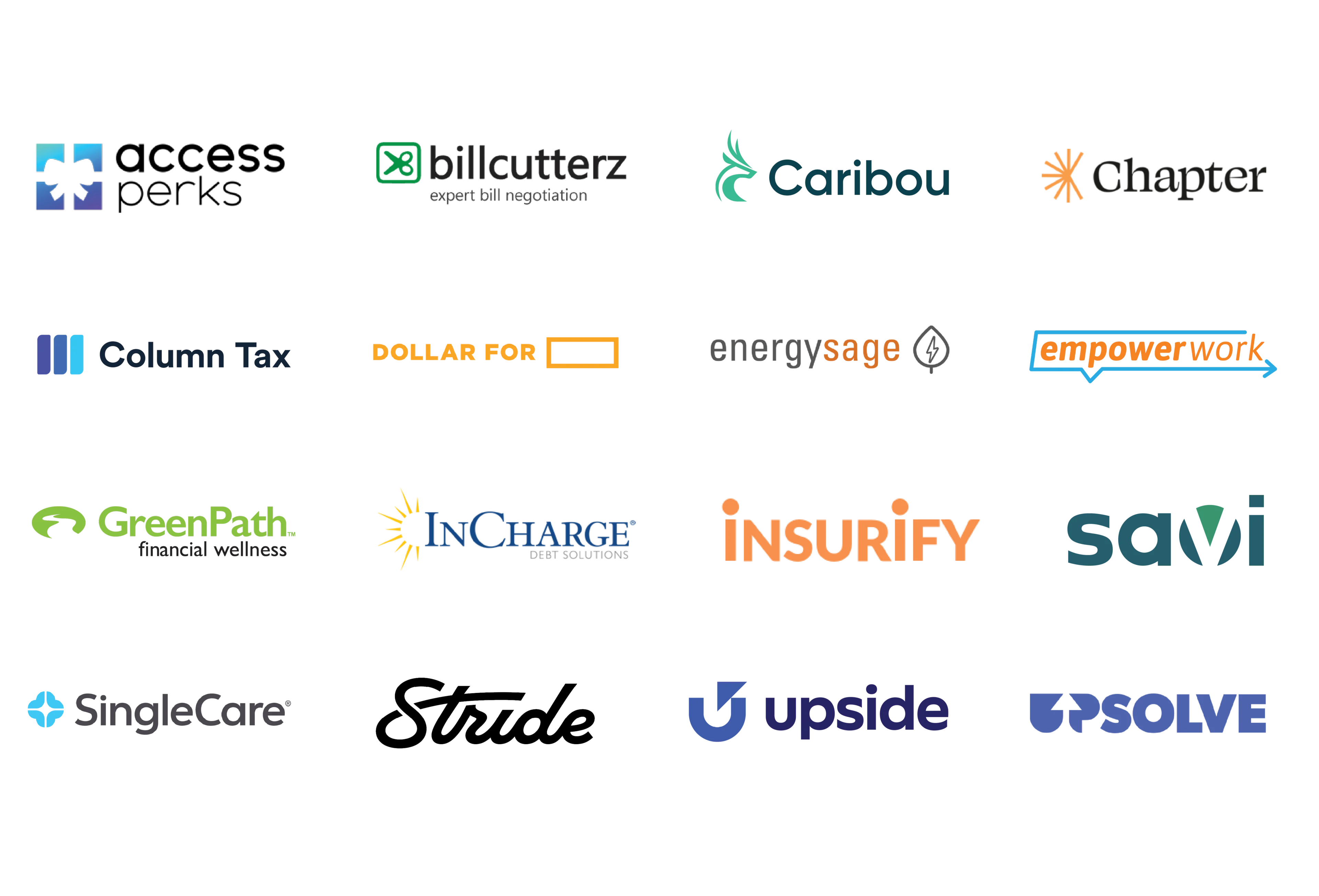 A grid of 12 logos that read Access Parks, Caribou, Chapter, Dollar For, Energy Sage, Find Help, Insurify, Savi, Single Care, Upside and Upsolve