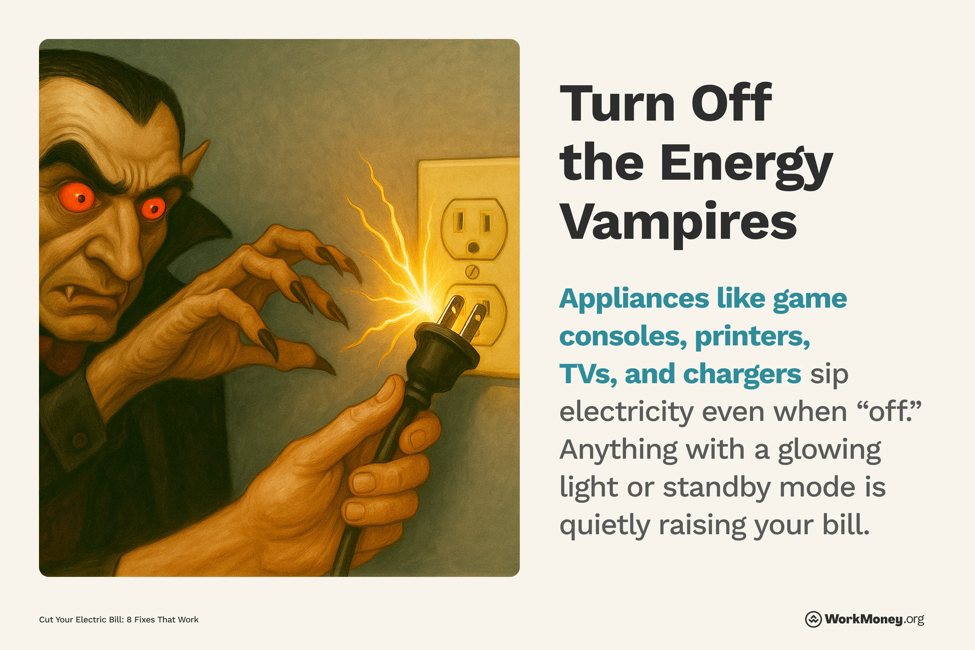  A spooky cartoon vampire represents “energy vampires” — devices that still use power in standby mode. The image urges unplugging electronics like game consoles, TVs, and chargers to reduce your electric bill.