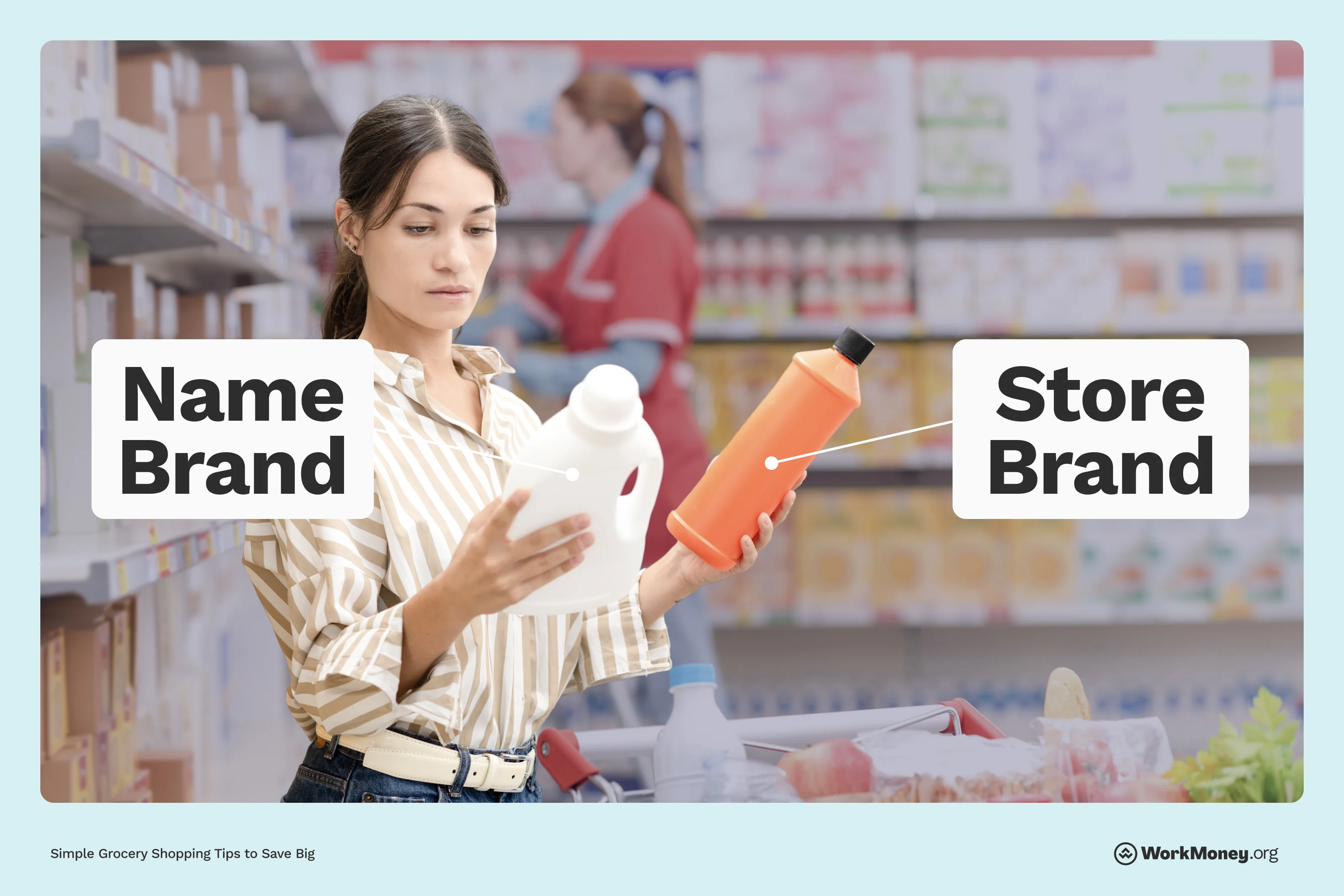 A shopper evaluates a name brand vs. a store brand cleaning product in a grocery store aisle, illustrating a money-saving tip about choosing store brands.